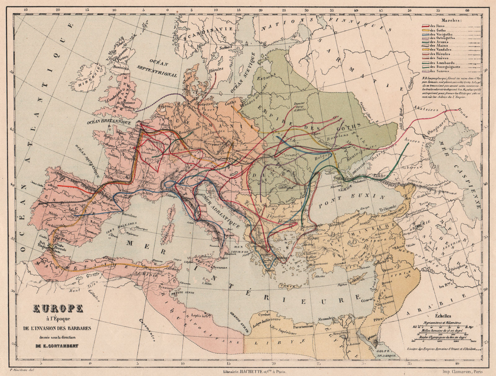 EUROPE BARBARIAN INVASIONS/Migration.Huns Goths Vandals Saxons Lombards 1880 map